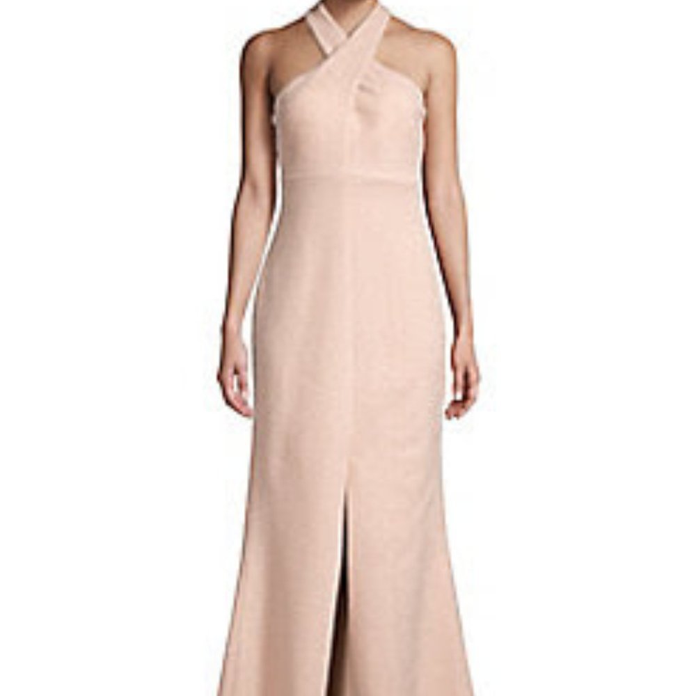 Eliza J  Sleeveless Cross-Neck Halter Gown Color: BLUSH Size: 8